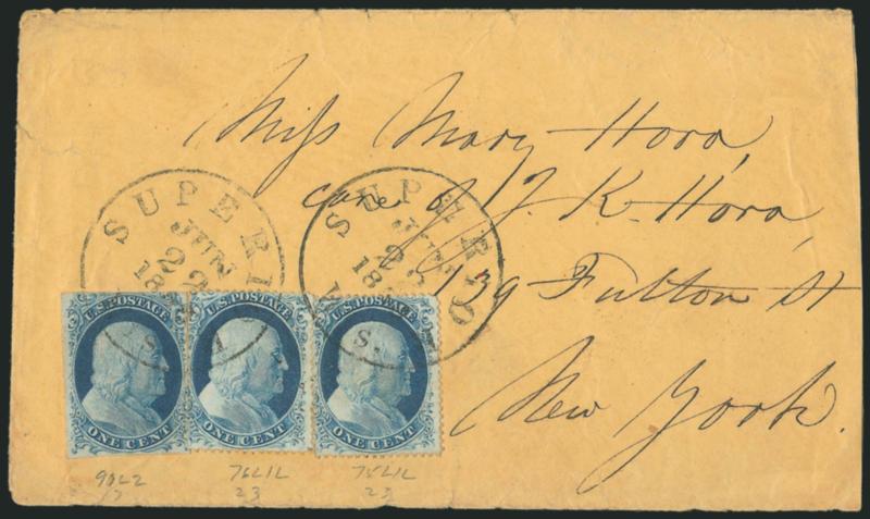 1c Blue, Ty. II, IV (7, 23).> Left stamp imperforate Position 90L2, right stamps Positions 76L1 and 75L1, each recut once at top and bottom, tied by Superior Wis. Jun. 22, 1858 circular datestamps on buff
cover to New York, slightly reduced at righ