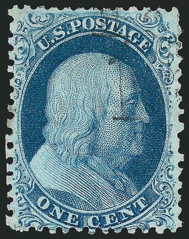 1c Blue, Ty. II, Chicago Perf 12-12 (7 var).> Brilliant color, lightly cancelled by numeral handstamp with 1 showing on stamp, well-balanced margins, single soiled perf top at left<><>^VERY FINE. A RARE
EXAMPLE OF THE ONE-CENT 1851 ISSUE WITH CH