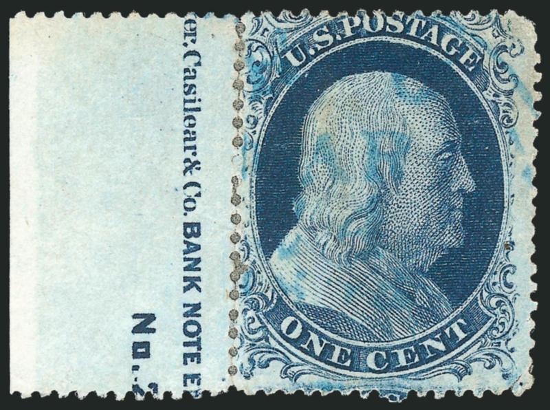 1c Blue, Ty. II (20).> Position 41L2 with <er, Casilier & Co. ^BANK NOTE E^ part imprint and No. 2 plate number> in selvage at left, rich color on bright paper, light strike of <blue> circular datestamp, perfs
rejoined between selvage and stamp,