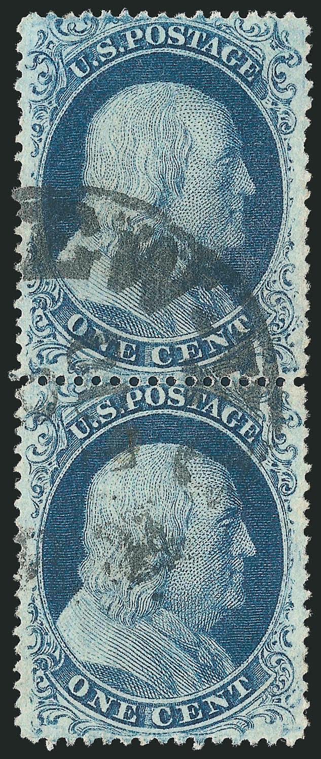 1c Blue, Ty. II (20).> Positions 2636R2, vertical pair, beautiful centering, well-struck New York circular datestamp, top stamp single short perf at right, still Extremely Fine, the bottom stamp is sound and
beautiful, ex Neinken