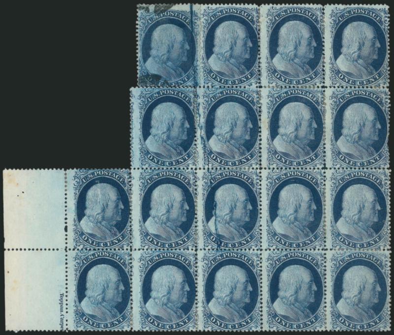 1c Blue, Ty. II, Plate 2 Crack (20 var).> Positions 3-512-1521-2531-35L2 (plus Position 2L2 used), block of 17, unused (no gum), with <part imprint selvage> at left, showing all positions of the plate crack,
rich color, detailed impression which c