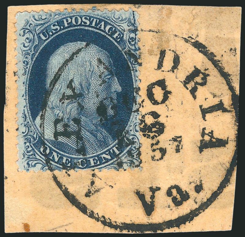 1c Blue, Ty. II, Plate 2 Crack (20 var).> Position 12L2, showing the crack at upper right, rich color, choice centering, tied by Alexandria Va. Dec. 16, 1857 circular datestamp on small piece, Very Fine and
choice example of this distinctive variet