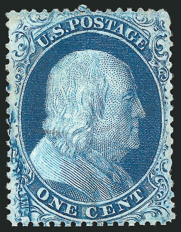 1c Blue, Ty. II, Plate 2 Crack (20 var).> Position 13L2, barely cancelled and clearly showing the plate crack at lower left, faint vertical crease at right, single short perf at lower right, Very Fine
appearance