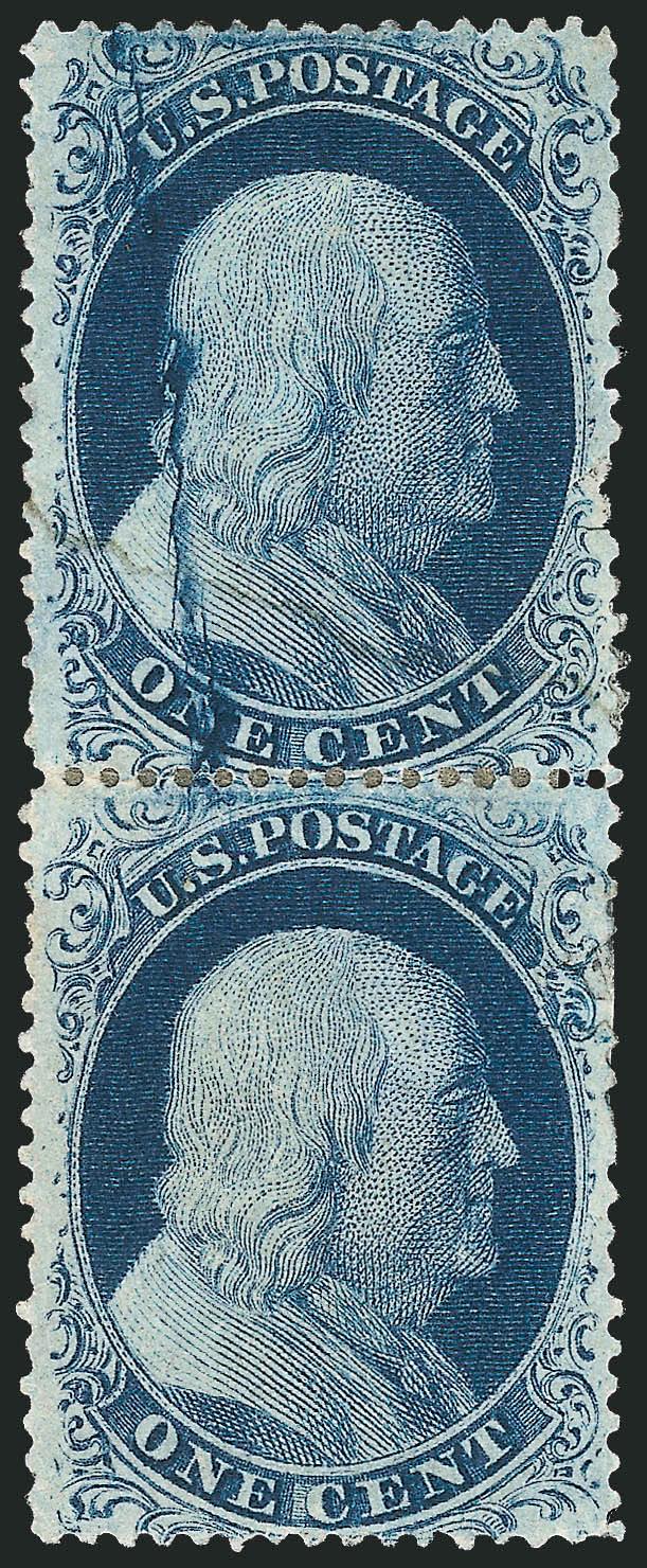 1c Blue, Ty. II, Plate 2 Crack (20 var).> Positions 2333L2, vertical pair, top stamp part original gum, clearly showing the plate crack, defective with top stamp torn in half and repaired, both stamps also
with portions of other stamps added, still