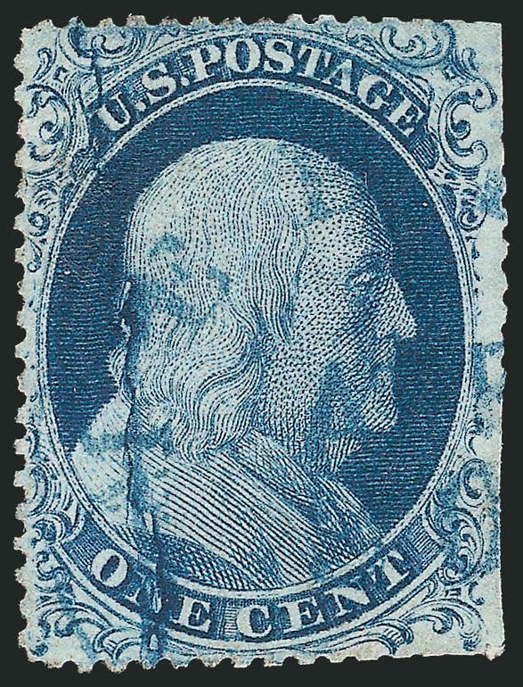 1c Blue, Ty. II, Plate 2 Crack (20 var).> Position 23L2, clearly showing the crack at left, perfs scissors-separated causing some trimmed at right, light strike of blue circular datestamp, Fine example of this
scarce position