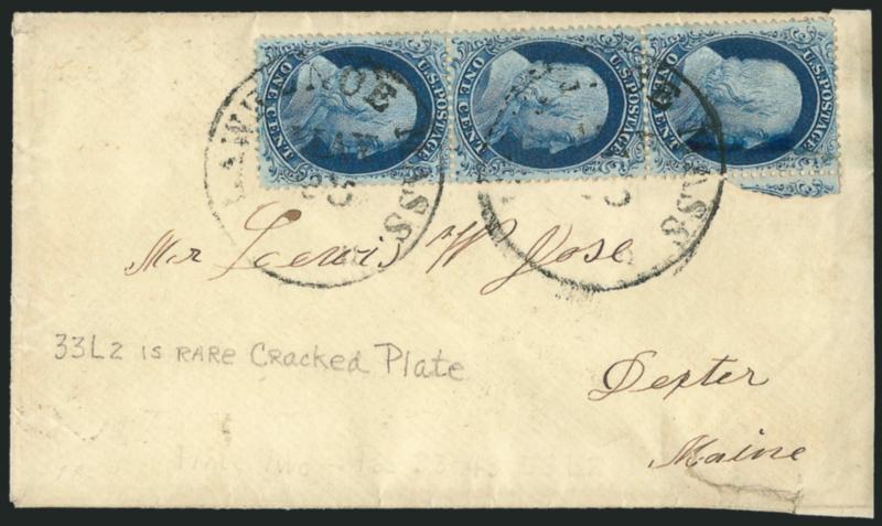 1c Blue, Ty. II, Plate 2 Crack (20 var).> Positions 334353L2, <top stamp showing trace of plate crack> at top, choice centering, tied by Lawrence Mass. May 25 circular datestamps on cover to Dexter Me., with
original enclosure, slightly reduced a
