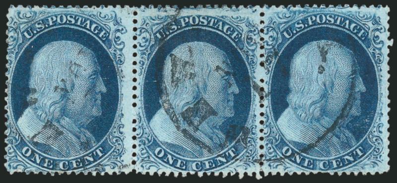 1c Blue, Ty. III, Position 99R2 (21).> Positions 98-100R2, horizontal strip of three, center stamp Position 99R2, <the finest example of Type III on any plate,> Position 98R at left is Type II, Position 100R
at right has break in bottom line which qu
