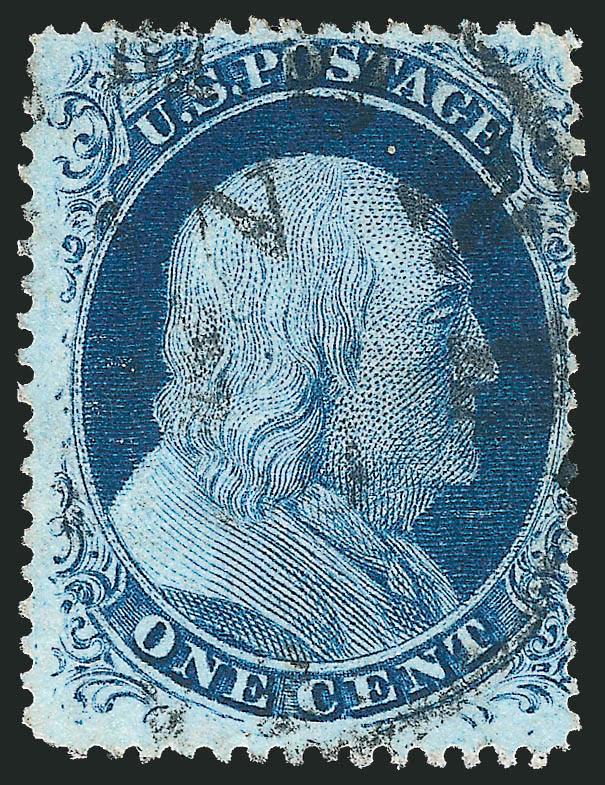 1c Blue, Ty. III, Position 99R2 (21).> Rich color, face-free strike of circular datestamp, light diagonal crease at bottom left<><>^VERY FINE APPEARING EXAMPLE OF THE EXTREMELY RARE PERFORATED ONE-CENT 1857
ISSUE FROM POSITION 99R2.^<><>On Plate