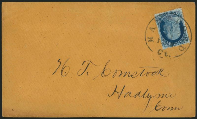 1c Blue, Ty. III, Position 99R2 (21).> Deep rich color, unusually choice centering with wide and balanced margins all around which clearly show the characteristics of the type with wide breaks at top and
bottom, tied by Hartford Ct. Aug. 11, 1858 c