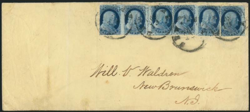 1c Blue, Ty. III, Position 99R2 (21).> Single, second stamp from left in a string of six singles paying double 3c domestic rate (Positions 90R, 99R, 81R, 86R, 62R and 59R2), tied by New-York Nov. 13 circular
datestamps on legal-size cover to New Br