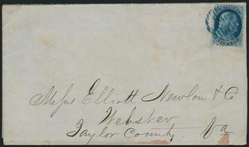 1c Blue, Ty. II (20).> Plate 2, tied by <blue> grid on folded printed prices current dated <July 31, 1857> and sent from Baltimore to Webster Va., Very Fine, attractive early use, dated one week after the
earliest documented use, ex Neinken