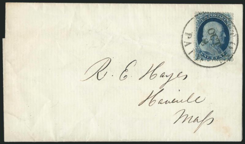 1c Blue, Ty. II (20).> Position 46R2, choice centering with wide margins, tied by Boston Paid Oct. 2 circular datestamp on folded printed notice to Haverhill Mass., cover with trivial wrinkling, Very Fine, a
pretty stamp and cover, ex Neinken