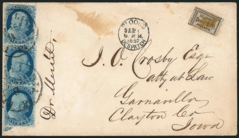 1c Blue, Ty. II (20).> Positions 172737L2, vertical strip of three, tied by Philadelphia Pa. Sep. 9 circular datestamps with month slug inverted, used with loods Penny Post, Philadelphia, (1c) Bronze on Lilac
(15L14),> acid tied, Bloods Desp
