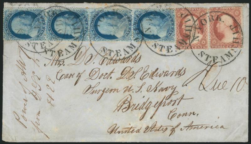 1c Blue, Ty. II (20).> Positions 10203040R2, vertical strip of four, used with <horizontal pair of 3c Dull Red, Ty. III (26),> tied by <N. York Steamship> dateless circle on cover to Bridgeport Conn.,
manuscript <Due 10> at right, few age spot
