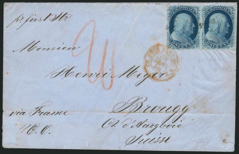 1c Blue, Ty. II (20).> Positions 39-40R2, horizontal pair, perfs scissors-separated with all intact at left, tied by faint strike of circular datestamp on blue 1858 folded cover <to Brougg, Switzerland,> red
Jan. 1859 French transit also ties stamps,