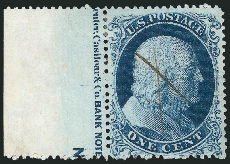 1c Blue, Ty. IIIa (22).> Position 41L4 with <enter, Casilier & Co. ^BANK NOTE^ part imprint and N of plate number> in selvage at left, crisp impression, neat manuscript X cancel<><>^VERY FINE. THIS IS BELIEVED
TO BE THE ONLY PERFORATED 1857 O