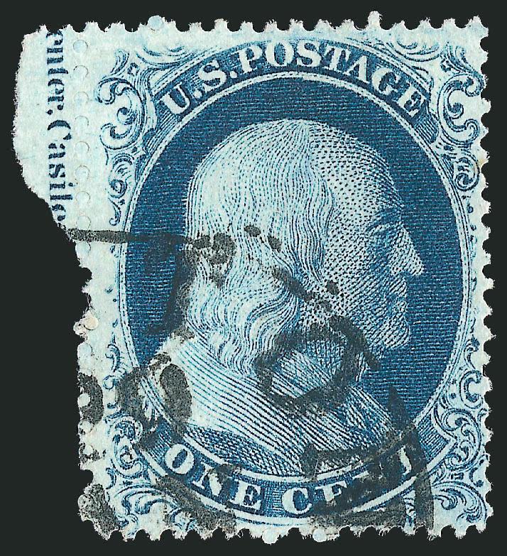 1c Blue, Ty. IIIa (22).> Position 41L4 with <part imprint selvage at left,> blind perfs, selvage only partly complete, rich color, neat circular datestamp, tiny natural paper wrinkle, Very Fine, a scarce
perforated stamp showing part of the Plate 4 i