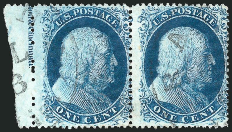 1c Blue, Ty. III (21).> Positions 61-62L4, horizontal pair with < ston & Cincinnati portion of imprint at left,> deep color, unobtrusive circular datestamps<><>^FINE. THIS IS THE ONLY REPORTED PERFORATED STAMP
FROM THIS POSITION SHOWING THE END O