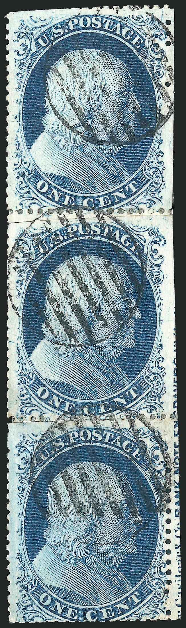 1c Blue, Ty. IIIa (22).> Positions 405060R4, vertical strip of three with <part of imprint selvage at right,> scissors-separated causing some s.e. at top left, also scissors-separated between stamps partly
cutting into designs and reattached, grid