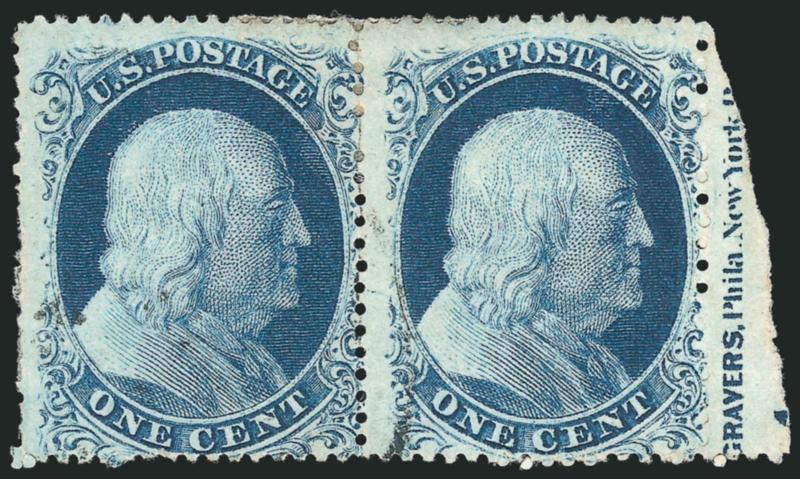1c Blue, Ty. IIIa (22).> Positions 49-50R4, horizontal pair with <^GRAVERS,^ Phila. New York ^B^ portion of imprint and part of plate number 4> in selvage at right, intense color, left stamp perf flaws at
left, few perf separations sensibly reinf