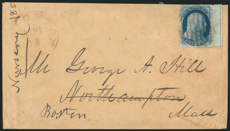 1c Blue, Ty. III (21).> Position 30L4 with <perforated straddle-pane margin and centerline> at right, tied by grid cancel on cover to Northampton Mass. and <forwarded> to Boston, red Brighton Ms. Aug. 12
circular datestamp, cover with some slight w