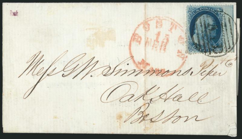 1c Blue, Ty. IIIa (22).> Position 60L4 with <perforated straddle-pane margin and centerline> at right, tied by large Paid grid and red Boston Mass. 15 Feb. circular datestamp on 1858 locally-addressed folded
printed notice, vertical file fold wel