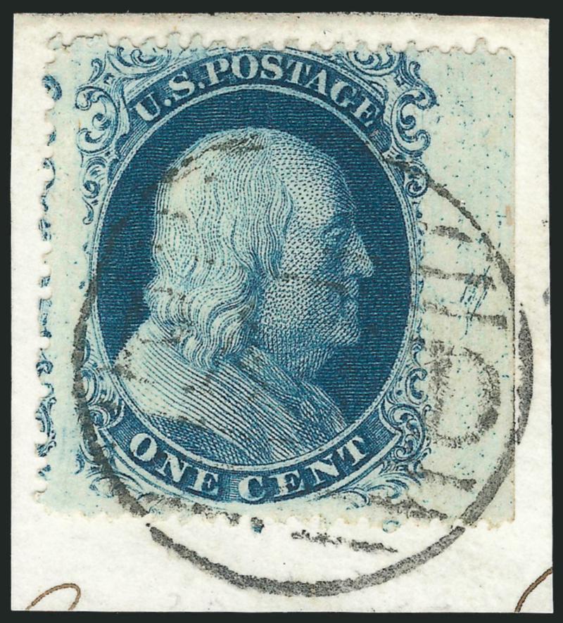 1c Blue, Ty. III (21).> Position 70L4 with <straddle-pane margin> at right, blind perfs between selvage and stamp, intense shade, distinct plate marks in right margin, tied by large Boston Paid grid on small
piece, Very Fine and choice, only six po