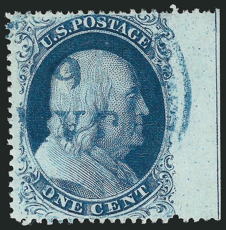 1c Blue, Ty. III (21).> Position 80L4 with <straddle-pane margin and centerline> at right, blind perfs between selvage and stamp, gorgeous centering, rich color nicely complemented by <blue> circular
datestamp<><>^EXTREMELY FINE. A STUNNING USED ST