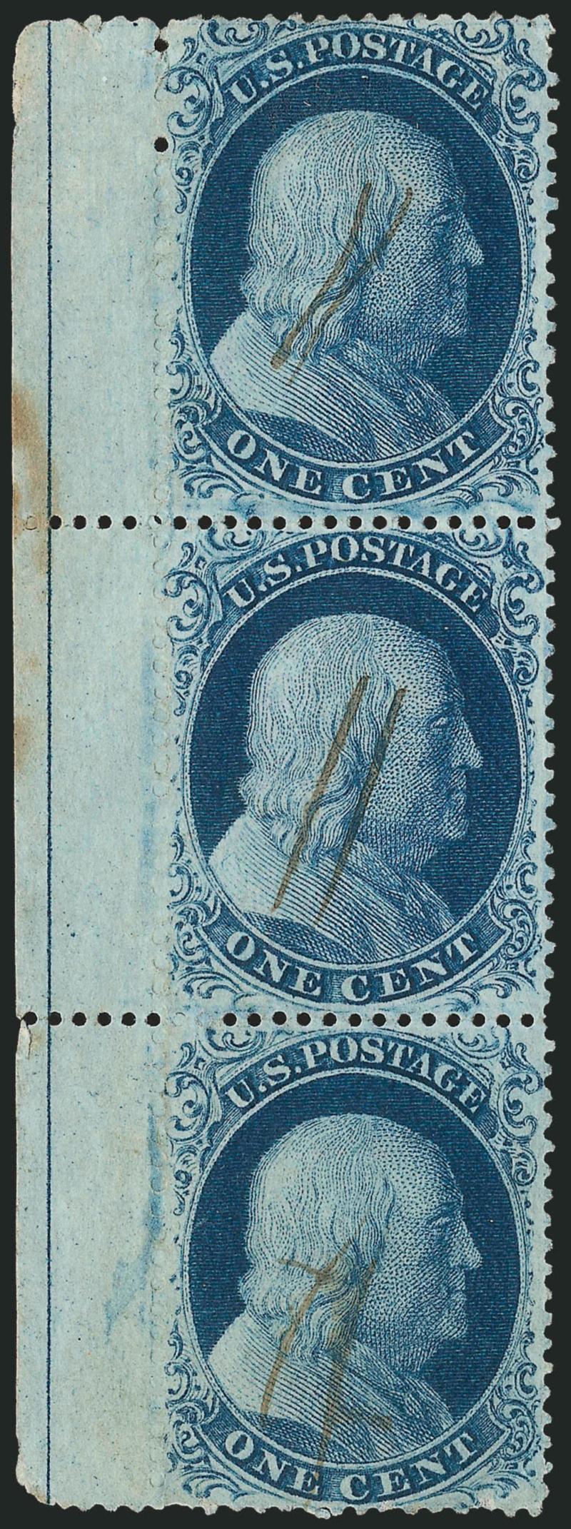 1c Blue, Ty. IIIIIIIIa (202122).> Positions 11121R4, vertical strip of three with <straddle-pane margin and centerline> at left, blind perfs between selvage and stamps, top stamp Type II (a desirable top row
Plate 4 position), center stamp has