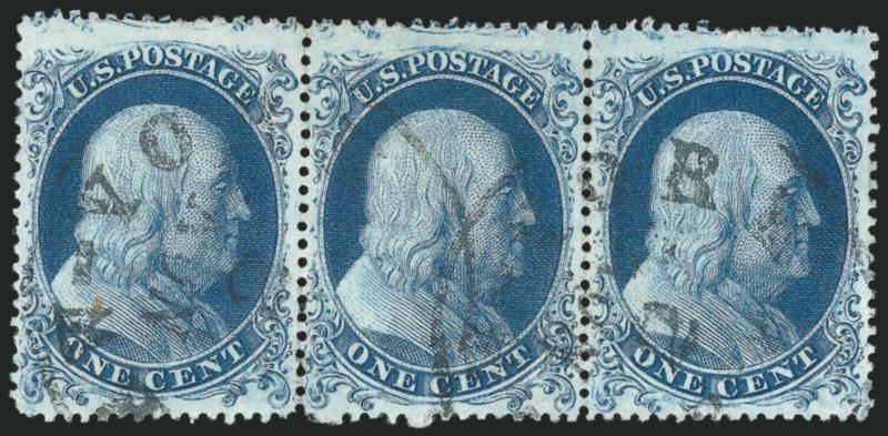 1c Blue, Ty. Ia-Ia-Ic (19-19-19b).> Positions 94-96R4, horizontal strip of three, left two stamps Type Ia, right stamp Type Ic (F Relief), with <wide-spaced perforations> at top and bottom, rich color and
intense proof-like impression on bright paper