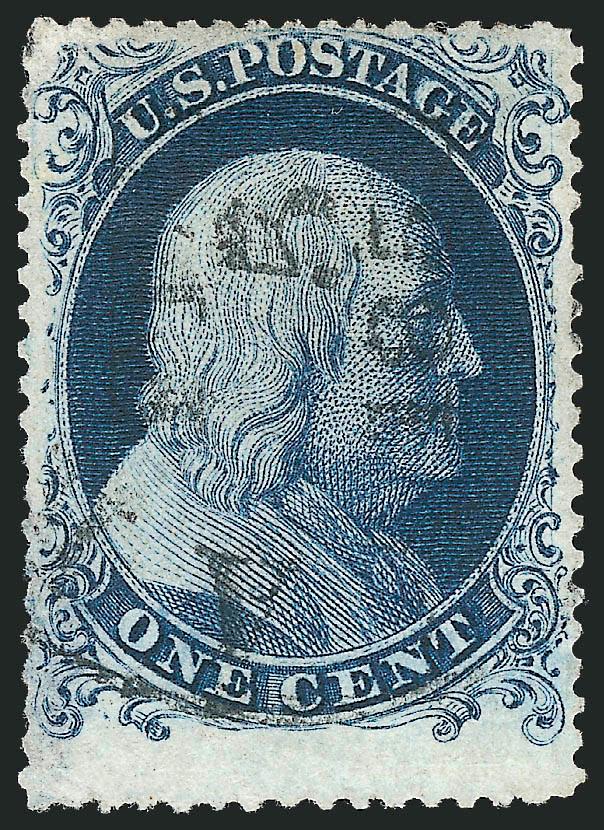 1c Blue, Ty. Ia (19).> Position 92R2, rich color and proof-like impression, light strike of circular datestamp, <wide-spaced perforations> at top and bottom, thin spot along lower left<><>^VERY FINE
APPEARANCE. AN EXCEEDINGLY RARE EXAMPLE OF THE 18