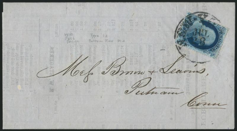 1c Blue, Ty. Ia (19).> Position 97R4, unusually choice centering with <wide-spaced perforations,> deep rich color and sharp proof-like impression, tied by well-struck New-York Jul. 28 circular datestamp on
folded printed prices current for furnitur