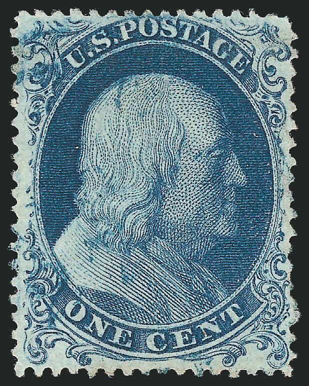 1c Blue, Ty. Ia (19).> Position 93L4, pretty shade on bright paper, unobtrusive strike of <blue> circular datestamp, light pre-printing paper wrinkle at bottom<><>^EXTREMELY FINE APPEARANCE. A BEAUTIFUL
LIGHTLY-CANCELLED EXAMPLE OF THE PERFORATED 1