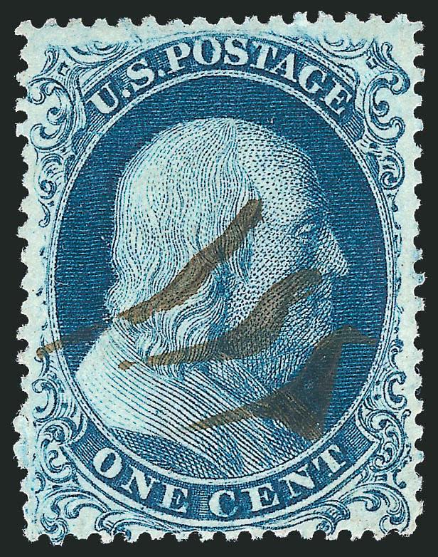 1c Blue, Ty. Ia (19).> Position 95L4, bright color and detailed impression, neat manuscript cancels<><>^VERY FINE EXAMPLE OF THE PERFORATED 1857 ONE-CENT TYPE Ia.^<><>Type Ia, imperforate and perforated, only
comes from 18 positions in the bottom