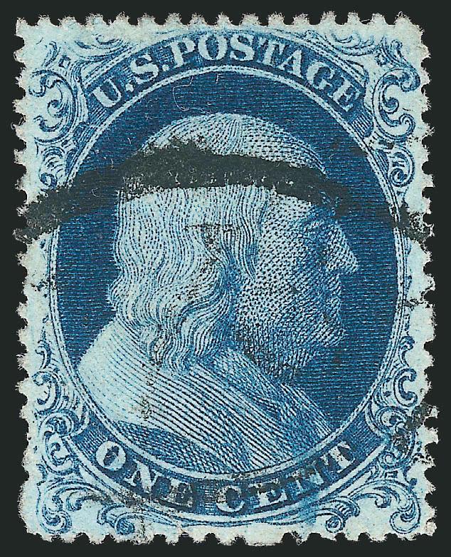 1c Blue, Ty. Ia (19).> Position 91L4, rich color on bright paper, bold strike of circular datestamp, choice centering for this difficult issue, small corner creases at lower left incl. one ending in tiny
tear<><>^EXTREMELY FINE APPEARANCE. A BEAUTI
