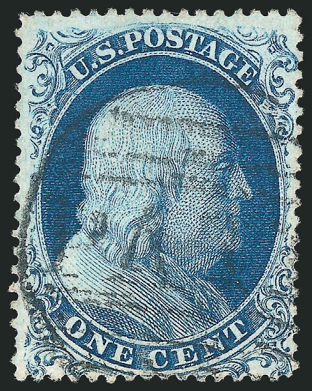 1c Blue, Ty. Ia (19).> Position 97L4 with <curl on shoulder,> bright shade, neat strike of large Boston Paid grid, faint natural vertical wrinklecrease at lower right is invisible but flashes when drying after
dipping<><>^VERY FINE. A DESIRABLE