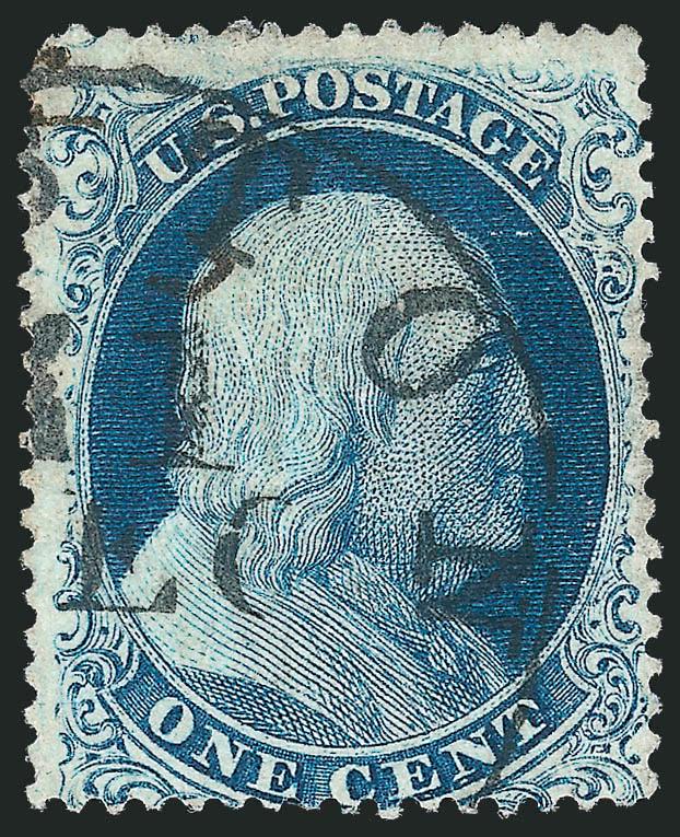 1c Blue, Ty. Ia (19).> Position 94L4, rich color, neat strike of Boston circular datestamp, single short perf at right, two small perf flaws at top and slightly toned, otherwise Fine, Type Ia only comes from
18 positions in the bottom rows of the rig