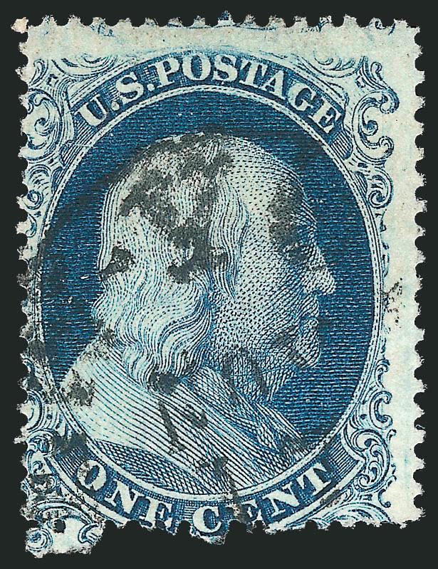 1c Blue, Ty. Ia (19).> Position 100L4, bright color, bold strike of New York circular datestamp, centered to bottom left and with small part of selvage at left showing printed design, Very Good example of this
scarce type from the desirable bottom ri