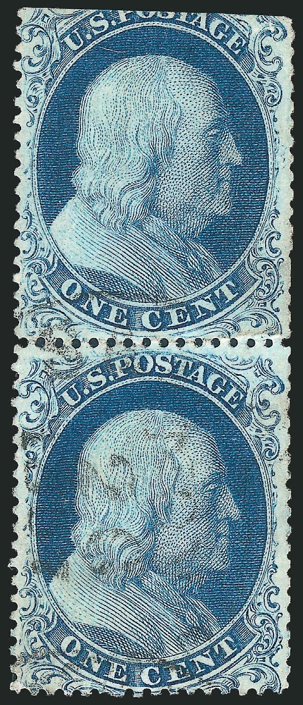 1c Blue, Ty. IIIaIa (2219).> Positions 8595L4, vertical pair, bottom stamp the rare Type Ia, top stamp cut off at top where scissors-separated, a few slightly blunted perfs at lower right, bright color, light
strike of circular datestamp, top stam