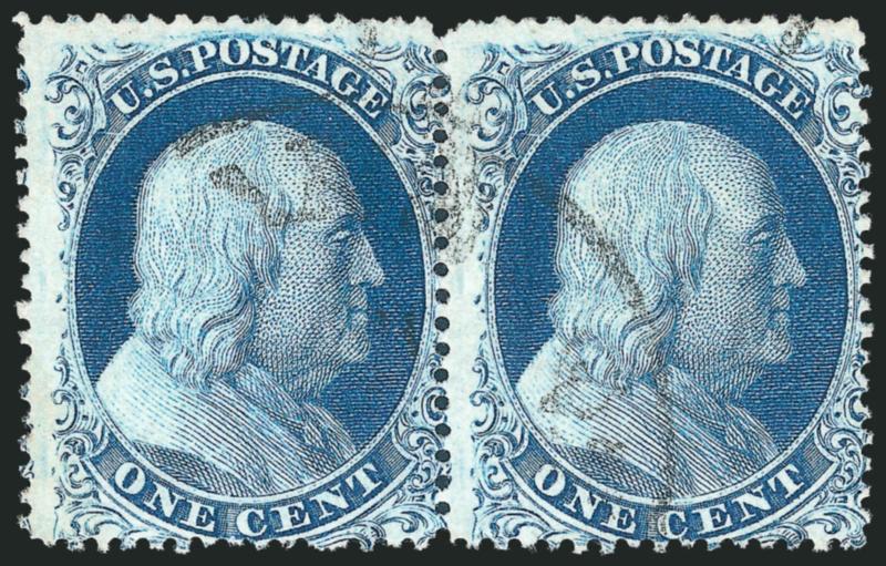 1c Blue, Ty. Ia (19).> Positions 93-94L4, horizontal pair, brilliant color on crisp paper, light strike of circular datestamp, centered slightly to bottom right<><>^FINE. AN EXTREMELY RARE PAIR OF THE
PERFORATED 1857 ONE-CENT TYPE Ia. MULTIPLES CON