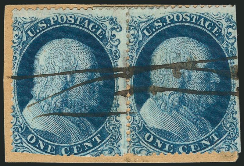 1c Blue, Ty. Ia (19).> Positions 99-100L4, horizontal pair, perfs scissors-separated causing s.e. at right and partly at bottom, tied by pen strokes on small piece, intense shade, lifted and hinged in place,
right stamp sealed tear at bottom right, o