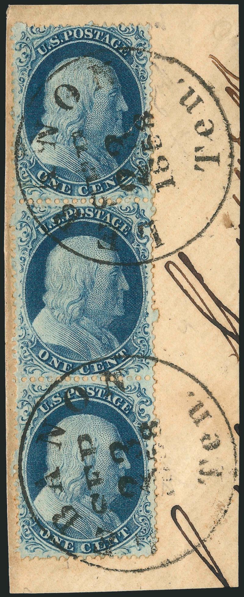 1c Blue, Ty. IIIa-IIIaIc (22-2219b).> Positions 86-8796R4, bottom stamp Type Ic F Relief, top pair Type IIIa, L-shaped block of three, deep rich color, neat strike of <blue> circular datestamp, bottom stamp
separated and reattached, top pair coupl