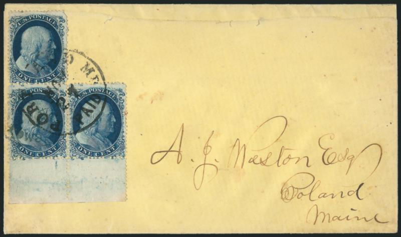 1c Blue, Ty. IIIaIa-Ia (2219-19).> Positions 8292-93L4, L-shaped block of three with <wide sheet selvage at bottom,> both bottom stamps Type Ia, intense Prussian Blue shade and proof-like impression (very
early, which we believe shows an intact bo