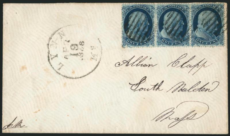 1c Blue, Ty. Ic-IIIa-Ic (19b-22-19b).> Position 47-49L4, horizontal strip of three, end stamps Type Ic E Relief, center stamp Type IIIa, gorgeous rich color and proof-like impression, tied by grid cancels,
Lynn Ms. Apr. 19, 1858 circular datestamp