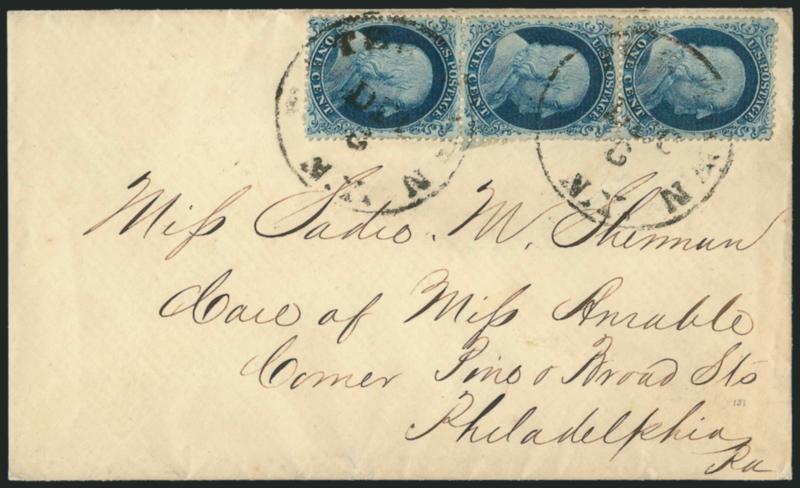 1c Blue, Ty. IIIaIIIaIc (222219b).> Positions 697989R4, top stamp with <scratch on shoulder,> bright color, tied by Watertown N.Y. Dec. 8 circular datestamps on cover to Philadelphia, top stamp has tiny nick
at top, cover slightly reduced at
