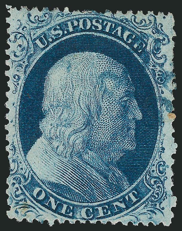 1c Blue, Ty. II (20).> Position 2L4, well-centered showing full design at top, rich color, light strike of <blue> circular datestamp, small perf flaw at lower left, Fine appearance, ex Neinken