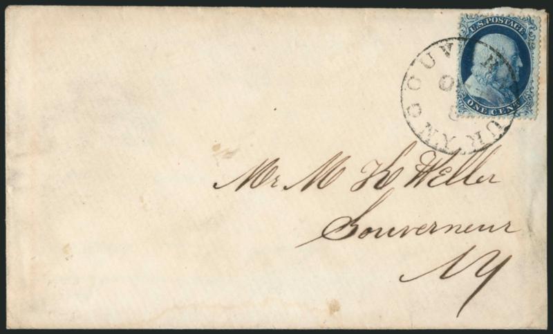 1c Blue, Ty. II (20).> Position 7L4, rich color, tied by neat strike of Gouvernour N.Y. Oct. 8 circular datestamp on locally-addressed cover, with original enclosure, slightly reduced at right and some slight
overall wear, Fine