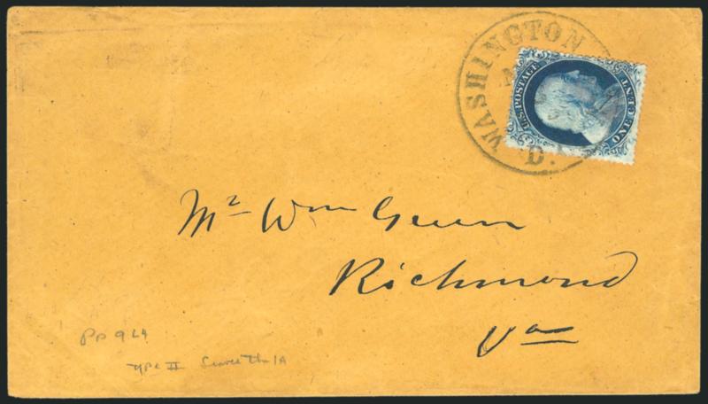 1c Blue, Ty. II (20).> Position 9L4, intense shade, tied by Washington D.C. May 3 circular datestamp on buff circular-rate cover to Richmond Va., trivial edgewear, Fine and scarce