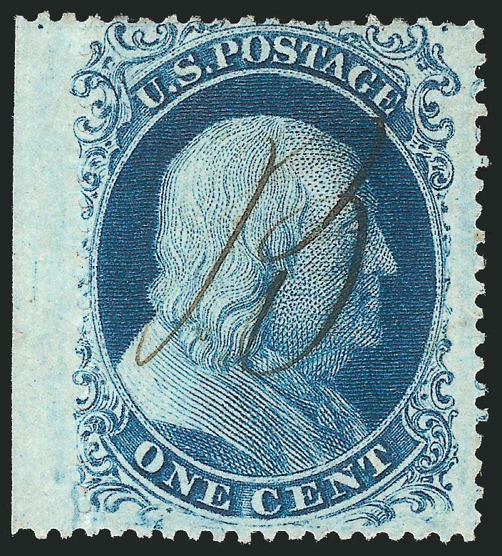 1c Blue, Ty. II (20).> Position 1R4 with <straddle-pane margin> at left, blind perfs between selvage and stamp, bright shade, manuscript B cancel in an attractive script, Very Fine and choice, a beautiful
example of the top left stamp from the righ