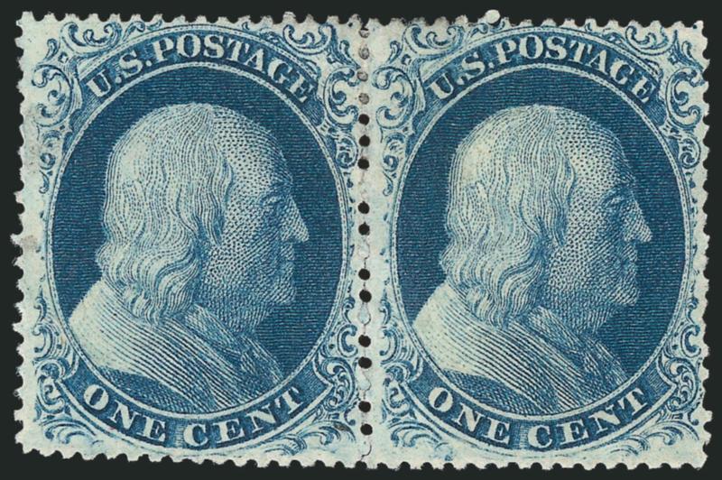 1c Blue, Ty. II (20).> Positions 3-4R4, horizontal pair, right stamp <curl in hair,> unused (no gum), deep rich color on bright paper, few perf separations sensibly reinforced, small thin spot at center, Very
Fine appearance, a scarce unused pair fro